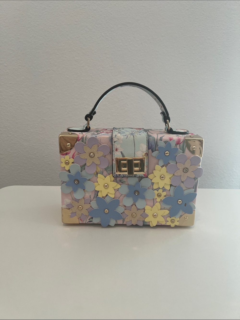 Aldo Pastel Floral Appliqué Box Bag - Blue, Yellow & Pink